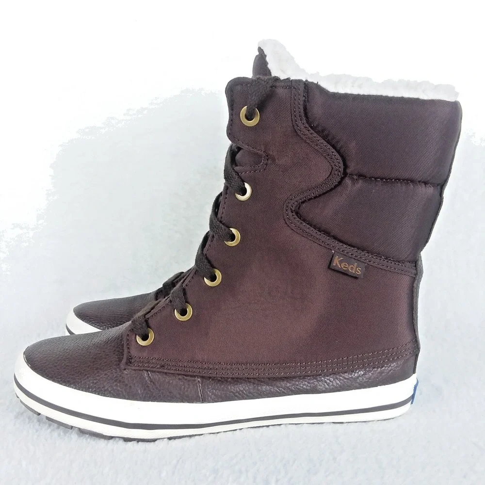 Keds Droplet Leather Canvas Dark Brown Winter Boots Fleece Lined‎ Women's 8.5